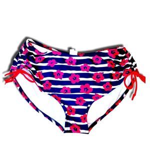 AQ-WA Navy Blue Striped & Hot Pink Floral High Waisted Bikini Bottoms size M